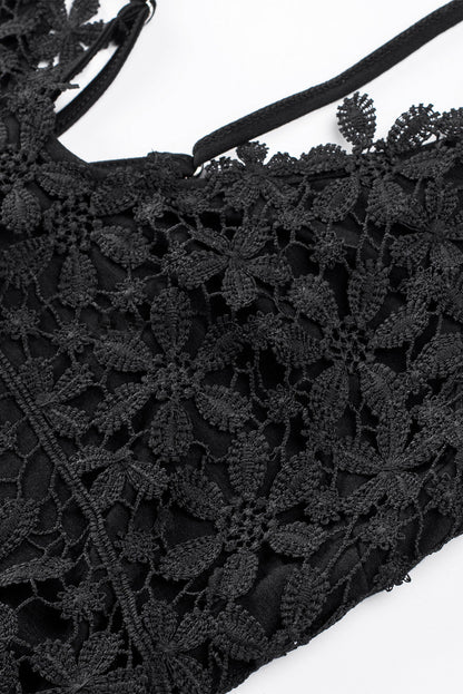 Lace Overlay Strappy Hollow-Out Tank Top | Black