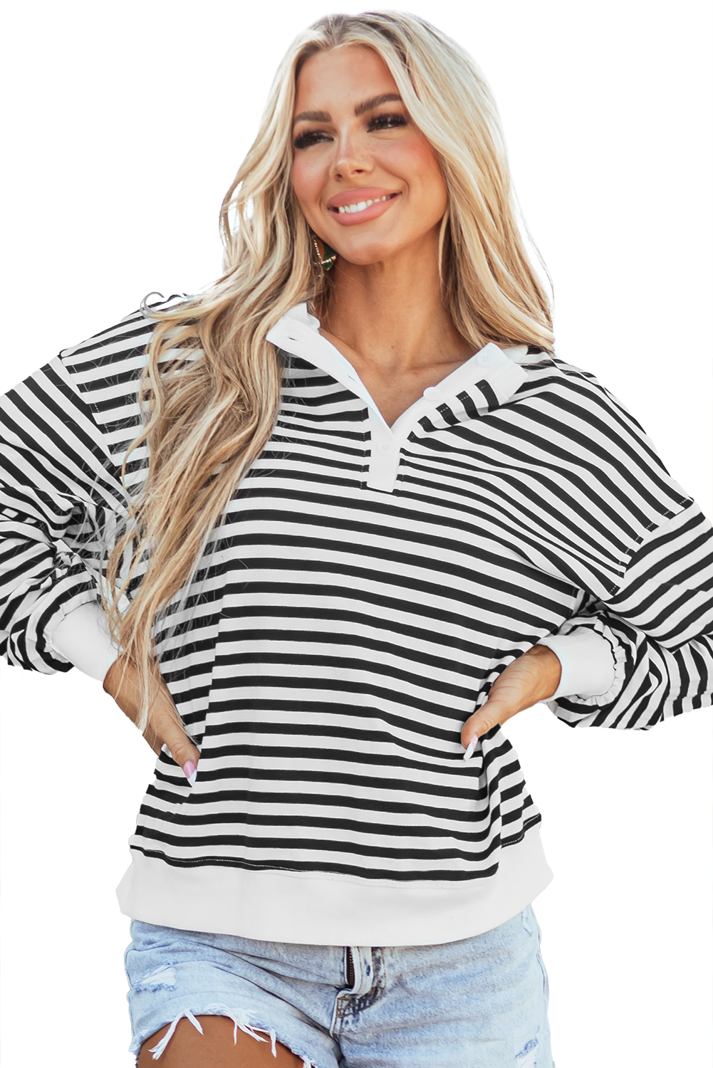 Colour Block Buttoned Crew Neck Oversized Sweatshirt | White Stripe