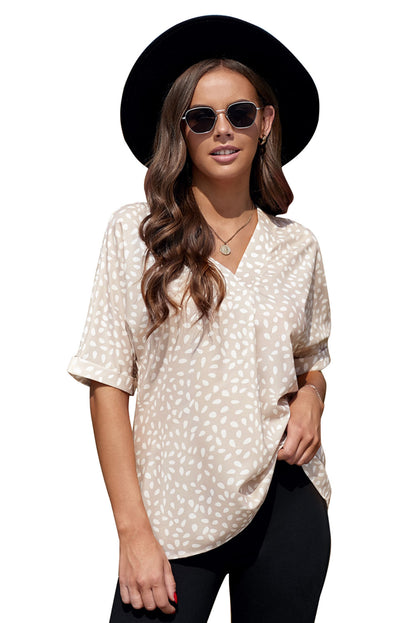 Animal Print V-Neck Rolled Sleeve Tunic Top | Apricot