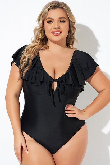 Ruffled Sleeve Lace-Up V Neck Plus Size One Piece Swimsuit | Black