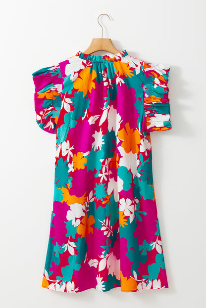 Floral Tie Split Neck Flutter Sleeve Mini Dress | Multicolour