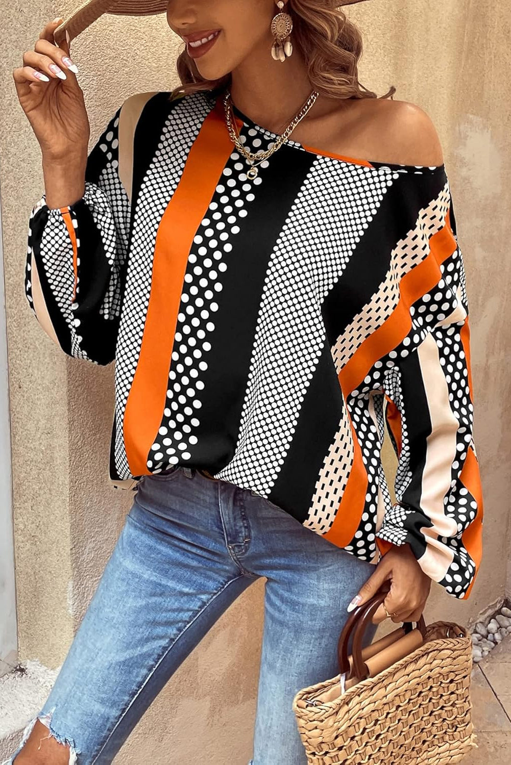 Polka Dot Vertical Striped Printed Puff Sleeve Blouse | Orange