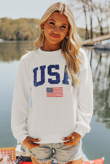 Usa Flag Corded Graphic Sweatshirt | White