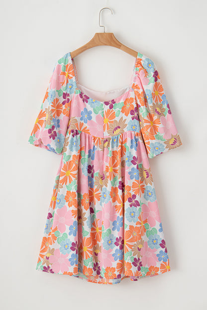 Summer Floral Square Neck Puff Sleeve Babydoll Dress | Pink