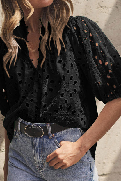 Flower Embroidered Hollow-Out Puff Sleeve Blouse | Black