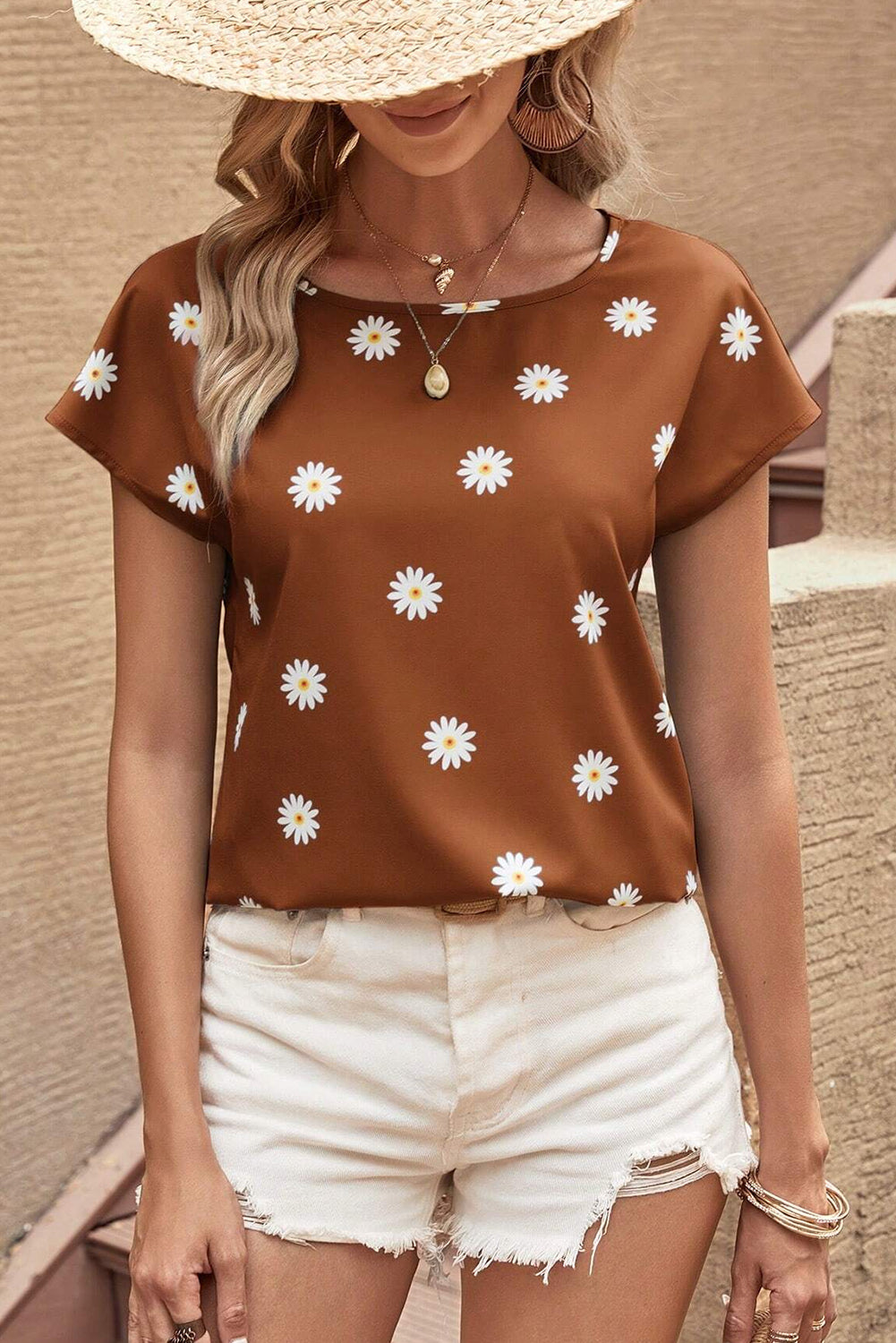 Daisy Print Short Sleeve Top | Chestnut