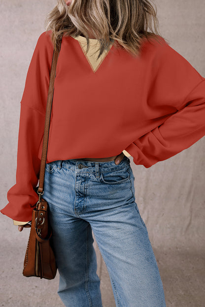 Colour Block Patch Drop Shoulder Oversized Sweatshirt | Red Clay