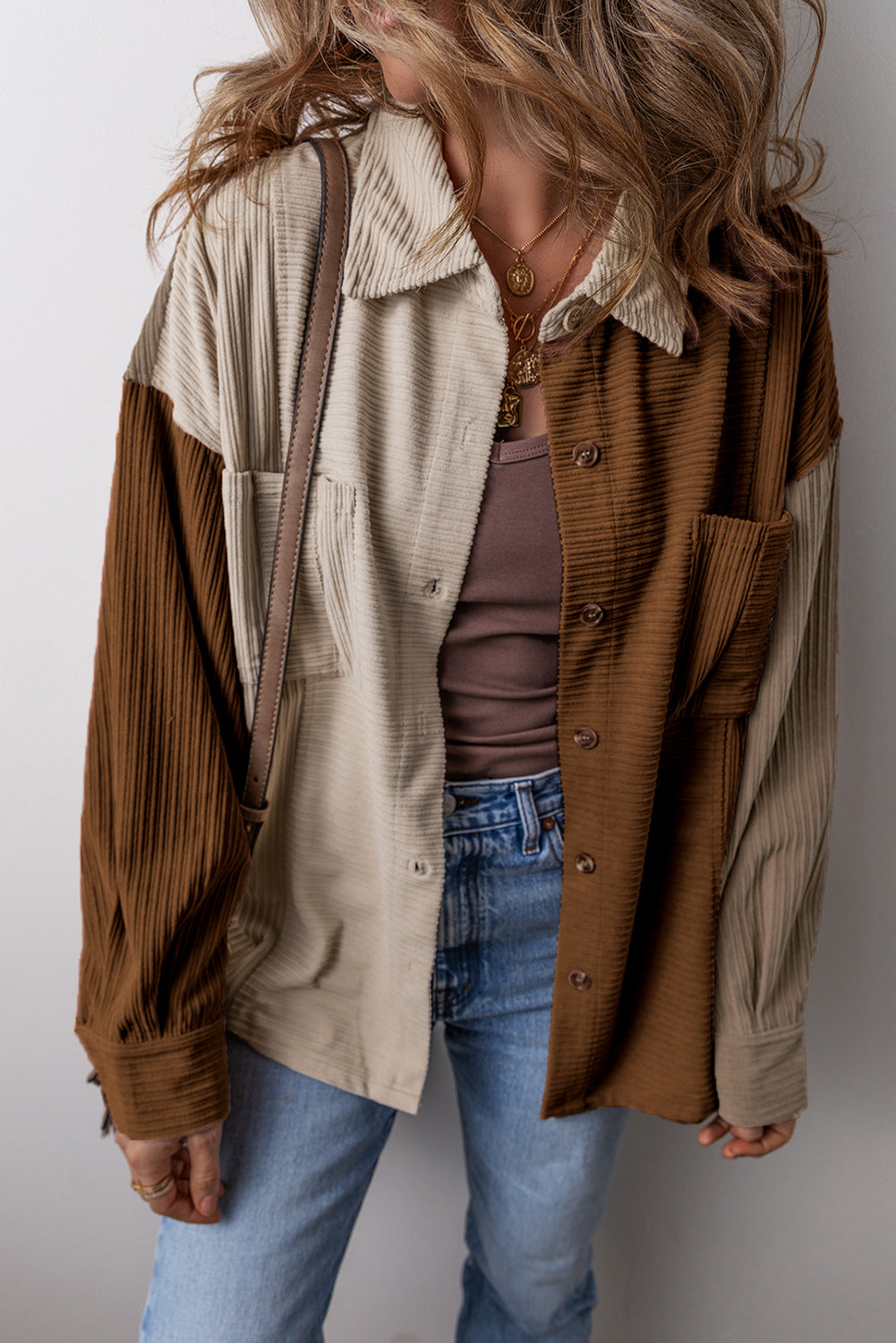 Colour Block Chest Pockets Buttoned Corduroy Shacket | Brown