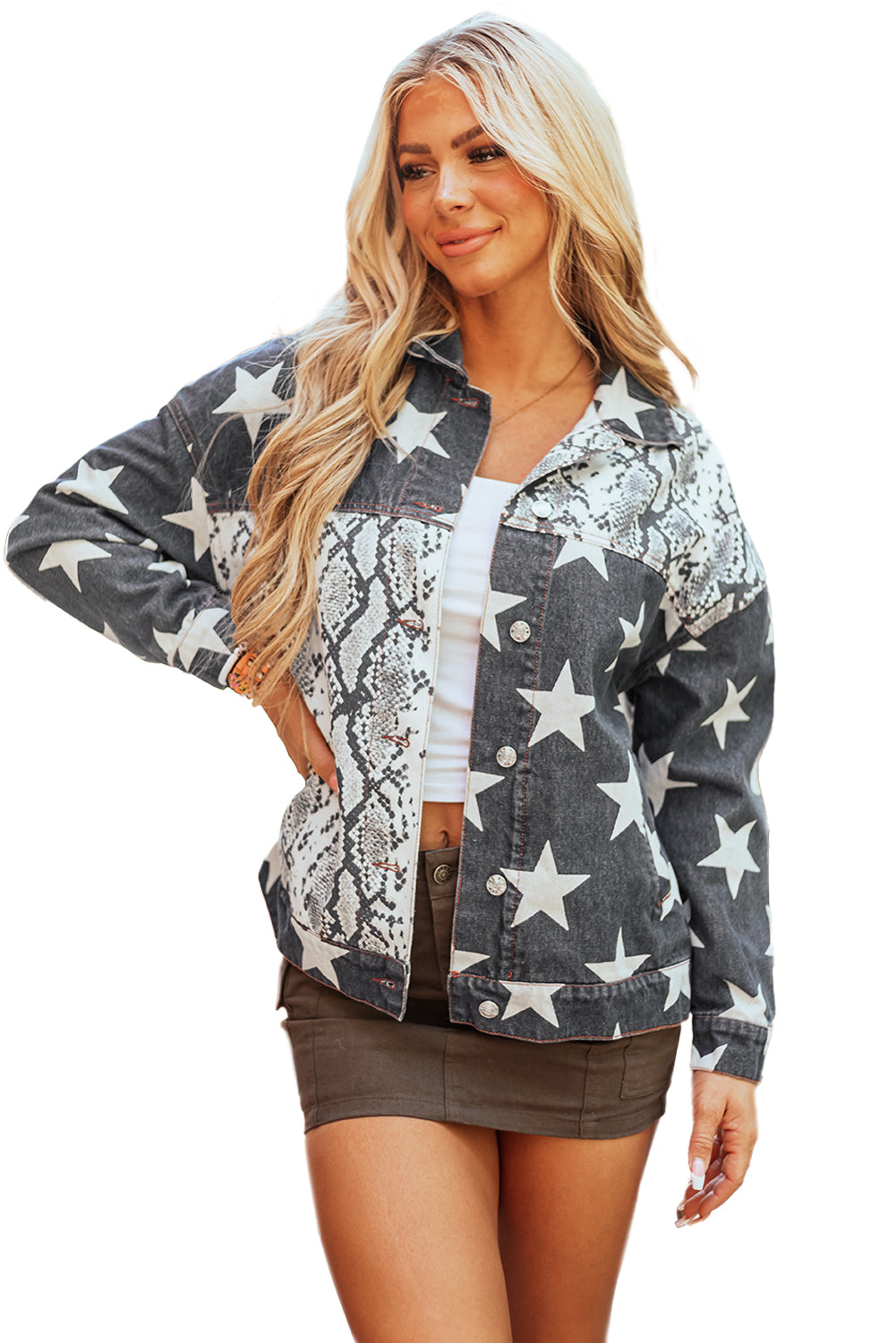 Star Snakeskin Printed Patchwork Denim Jacket | Black