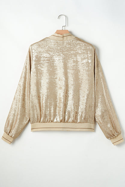 Metallic Zip Up Baseball Jacket | Pale Khaki