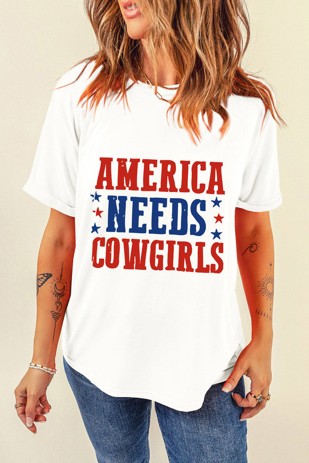 America Needs Cowgirls Crew Neck Graphic Tee | White