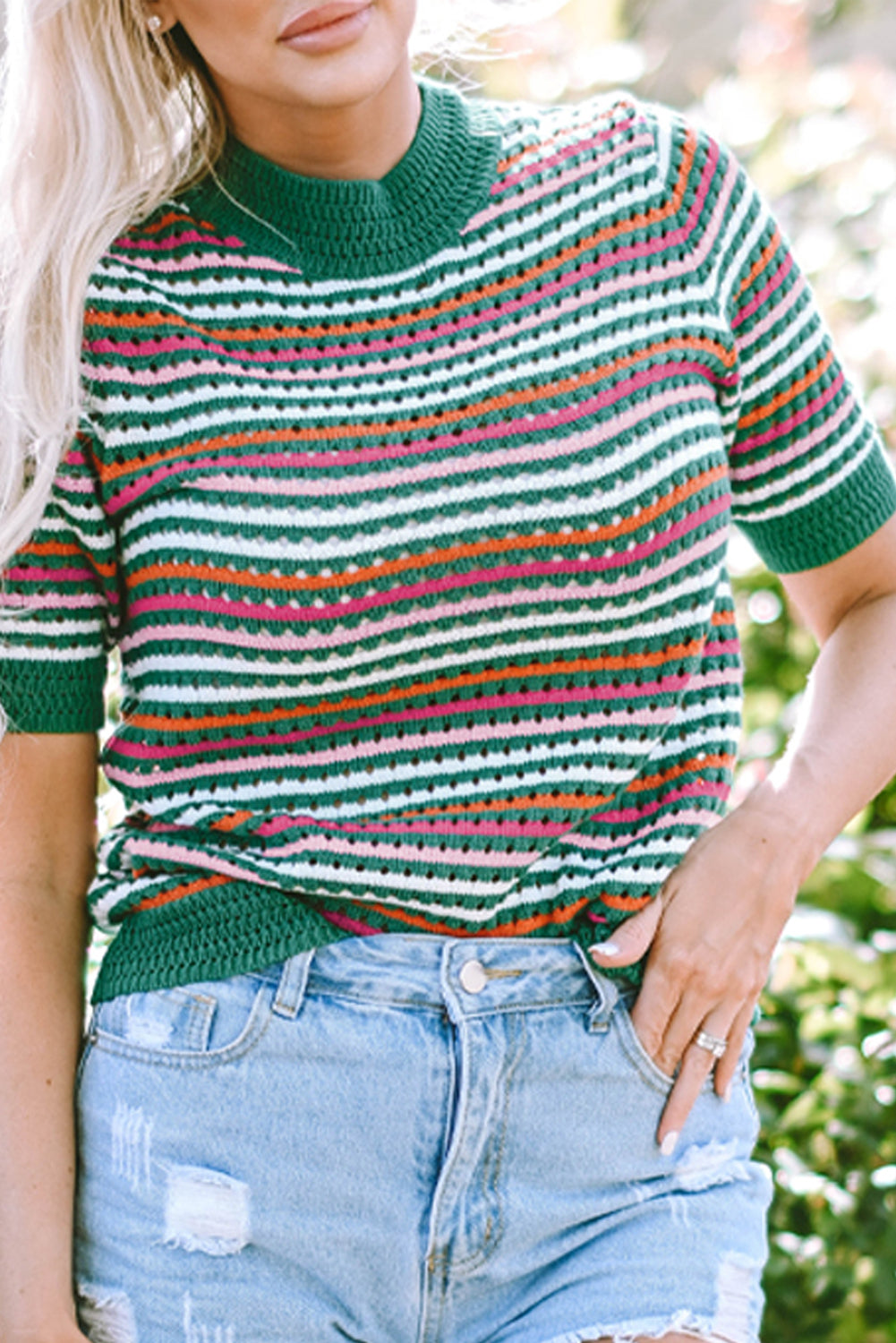 Striped Pattern Contrast Trim Pointelle Knit T Shirt | Dark Green