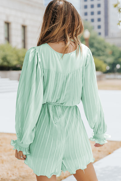 Pleated Ruffled Tie Waist Buttons V Neck Romper | Green