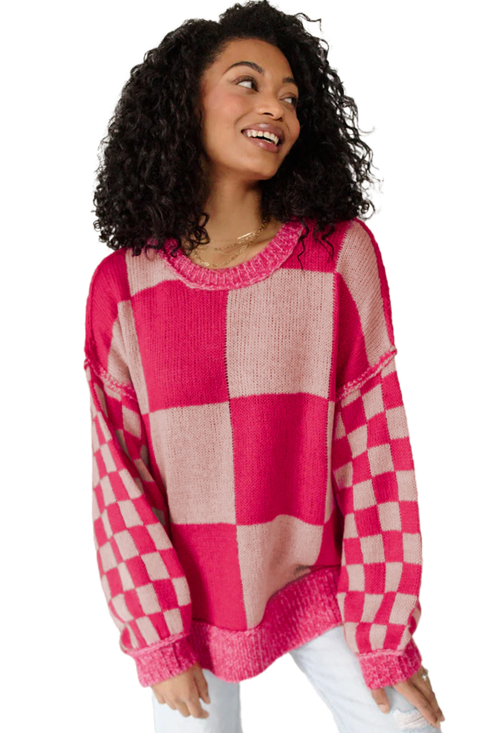 Mixed Checkered Pattern Drop Shoulder Loose Sweater | Rose Red