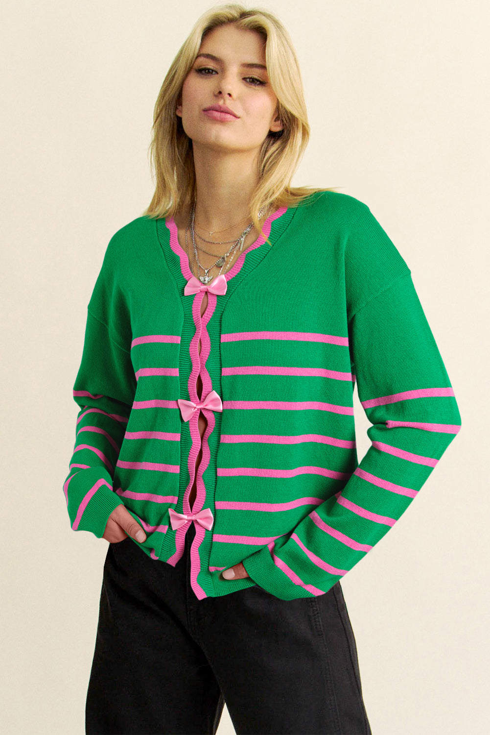 Ribbon Cute Bow Detail Sweater Knit Cardigan | Green Stripe