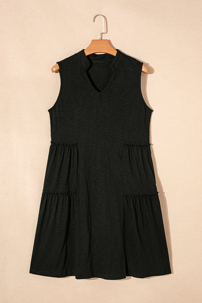 Split V Neck Tiered Flowy Sleeveless Dress | Black