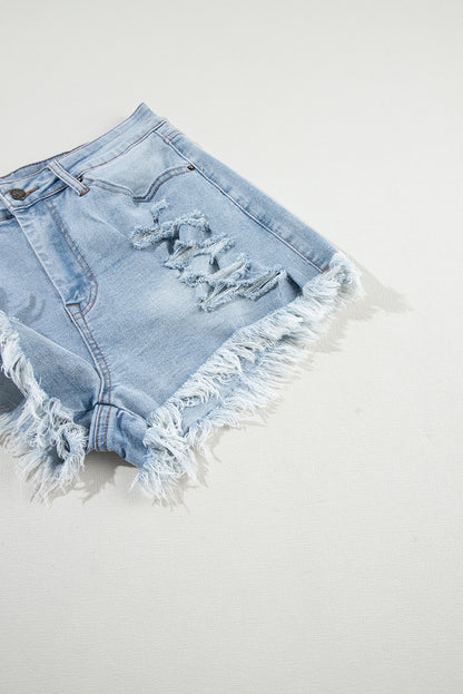 Distressed Ripped Raw Hem High Waist Denim Shorts | Light Blue