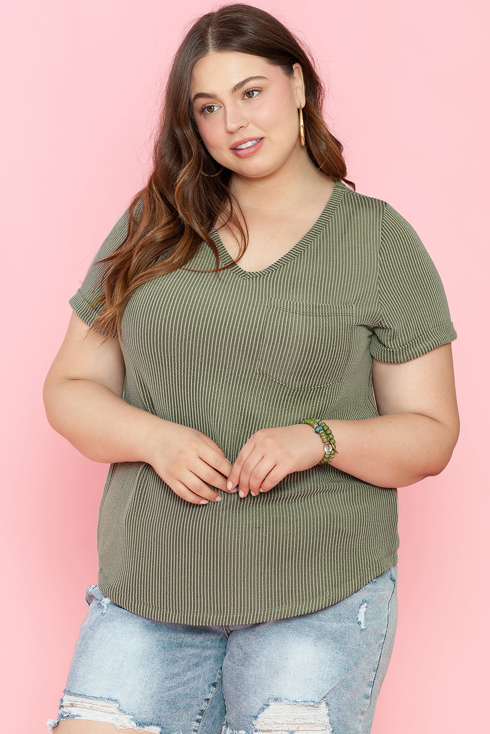 Plus Size Corded V Neck Patch Pocket Tee | Meadow Mist Green