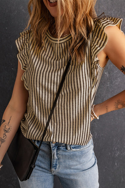 Striped Crew Neck Ruffled Tank Top | Khaki