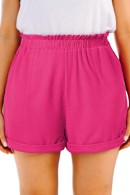 Plus Size Rolled Edge Ruffled Elastic Waist Textured Shorts | Bright Pink