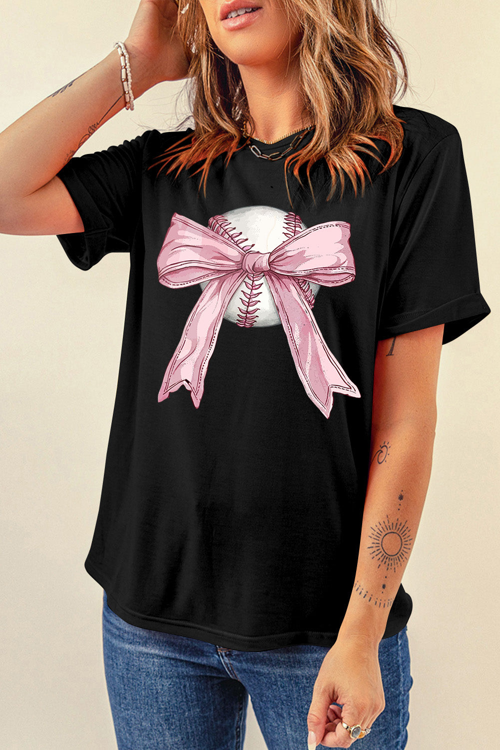 Baseball Bow Knot Print Round Neck T Shirt | Black