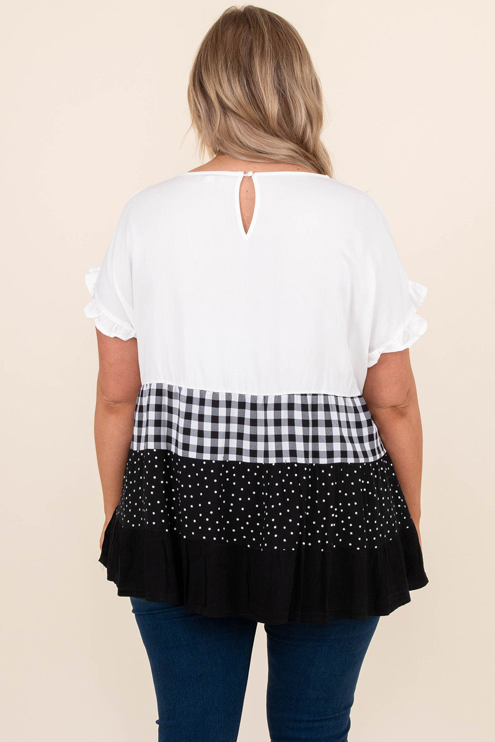 Plaid Dot Ruffled Plus Size Babydoll Top | White