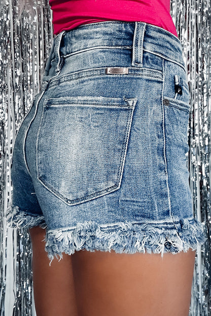 Raw Hem High Waist Skinny Denim Shorts | Blue