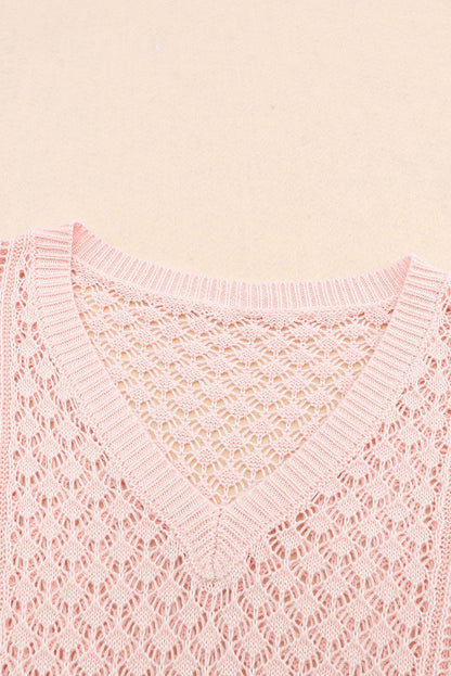 Loose Pointelle Knit Ribbed V Neck Sweater | Pink