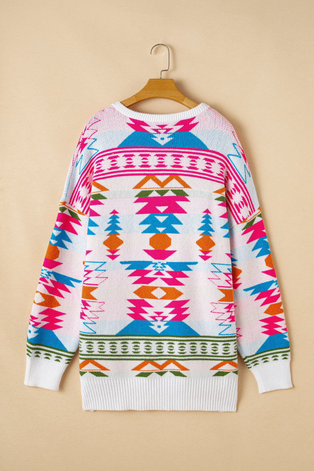 Oversize Aztec Print High Low V Neck Sweater | White