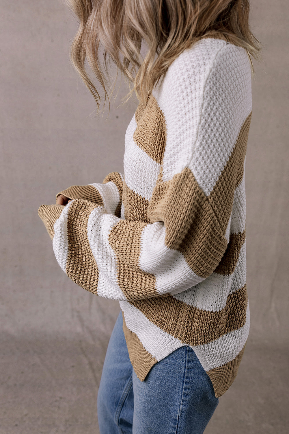 Colourblock Striped Drop Shoulder Side Slit Sweater | Light French Beige