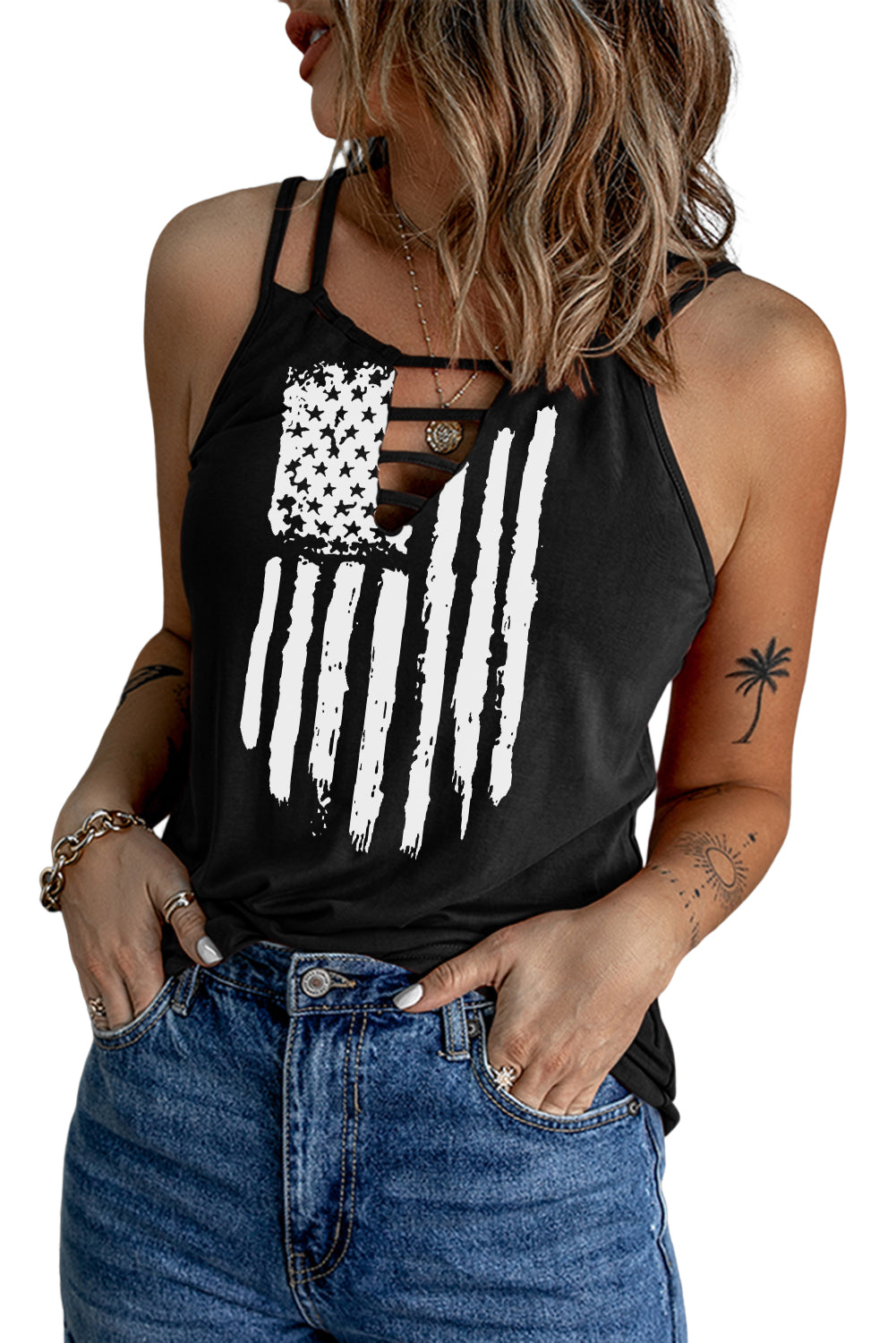 American Flag Print Cut Out Spaghetti Strap Tank Top | Black