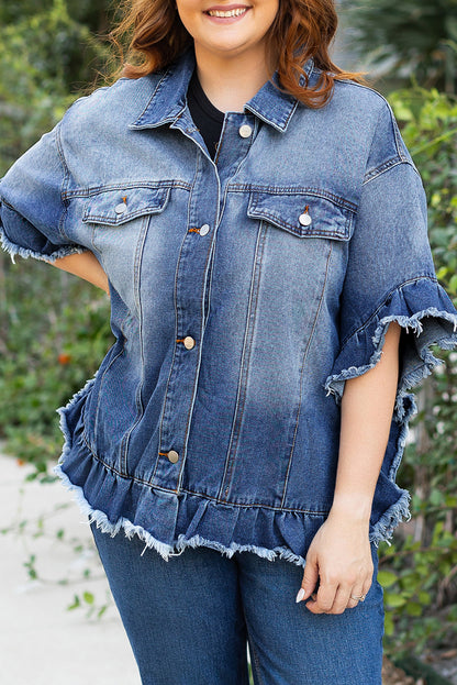 Ruffled Frayed Short Sleeve Plus Size Denim Jacket | Peacock Blue