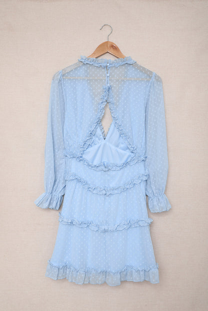 Layered Ruffled Open Back Puff Sleeve Swiss Dot Mini Dress | Sky Blue