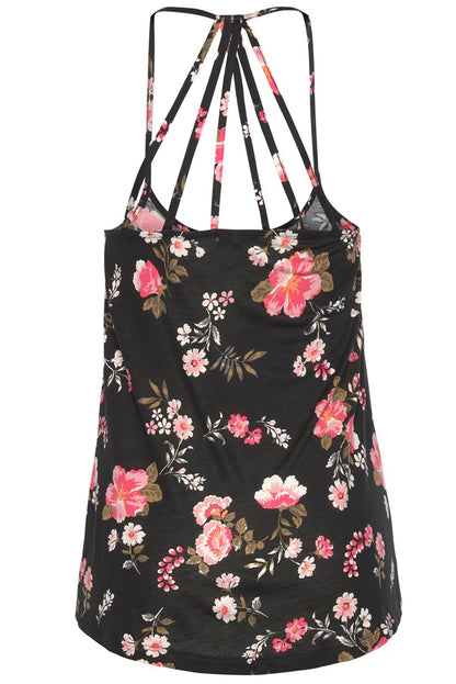 Floral Spaghetti Straps Strappy Back Tank Top | Black