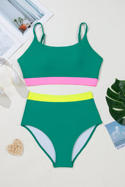 Contrast Trim Colourblock Patchwork High Waisted Bikini | Sea Green