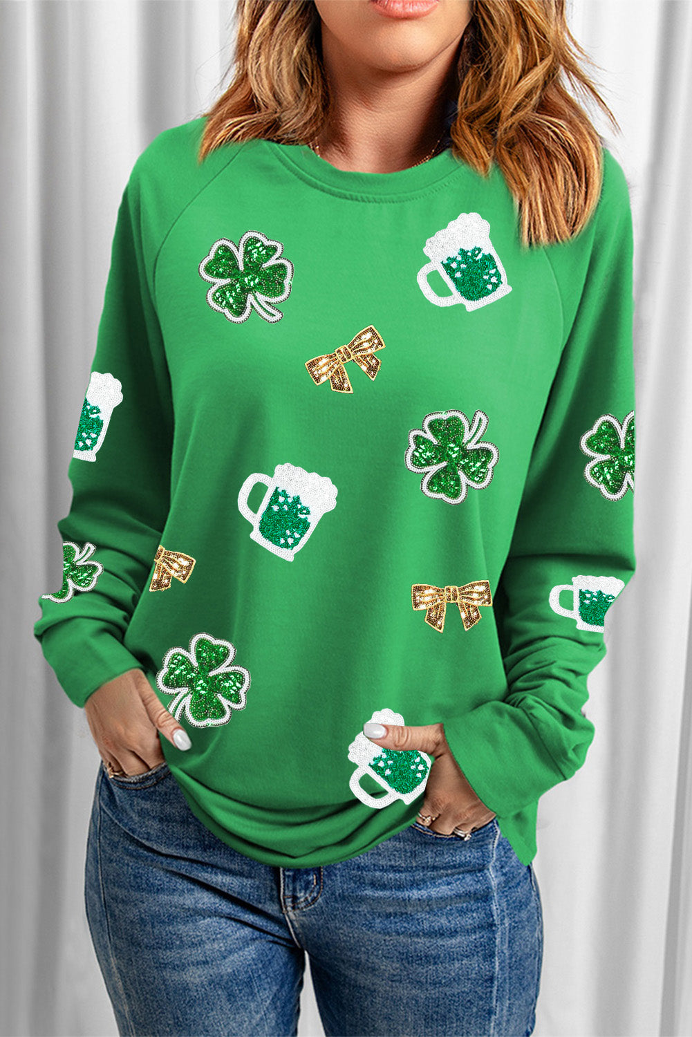 St Patrick Sequin Patch Graphic Drop Shoulder Sweatshirt | Green