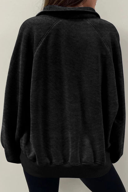 Solid Snap Buttons Collared Balloon Sleeve Oversized Sweatshirt | Black