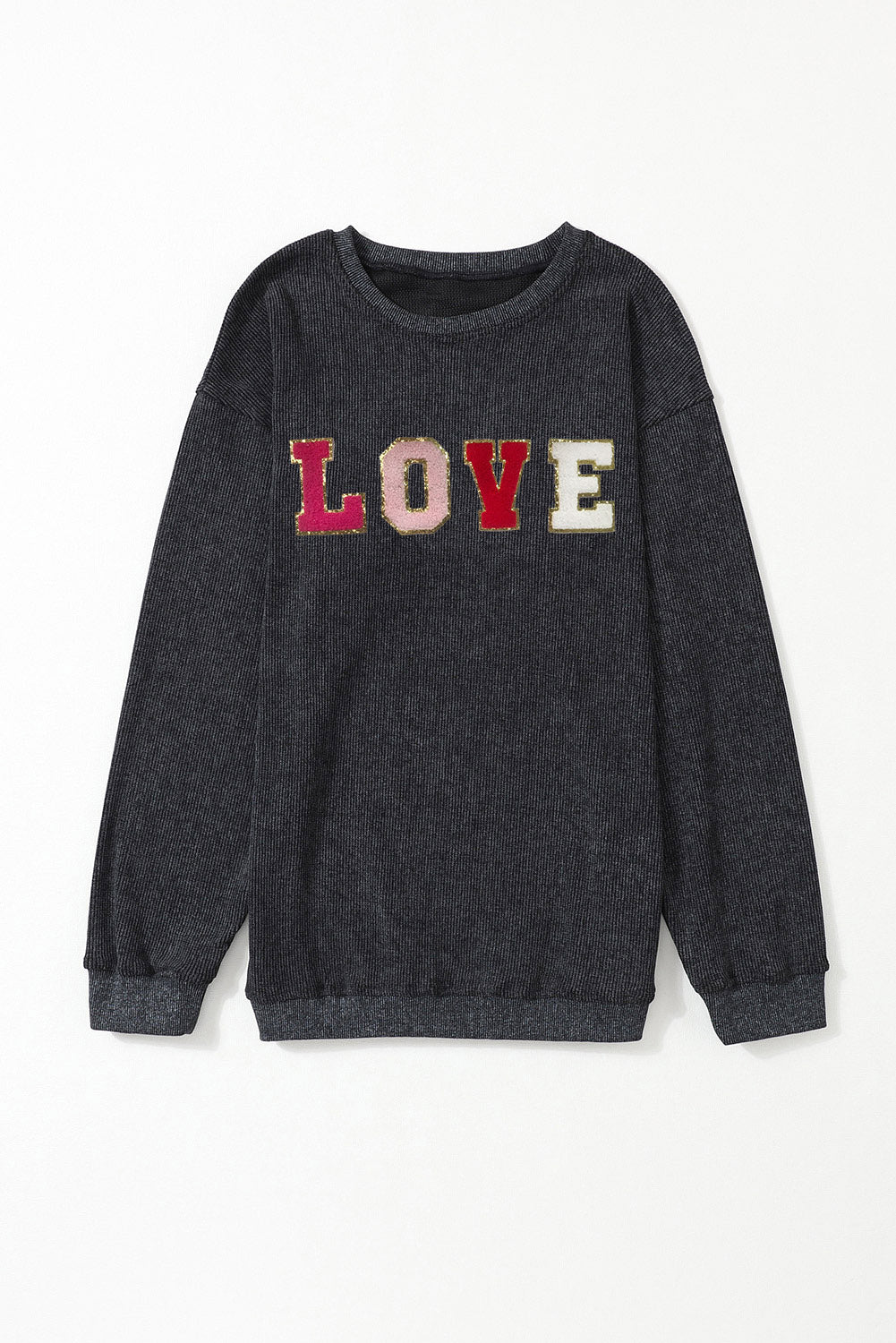 Sequin Love Chenille Embroidered Graphic Corded Sweatshirt | Black