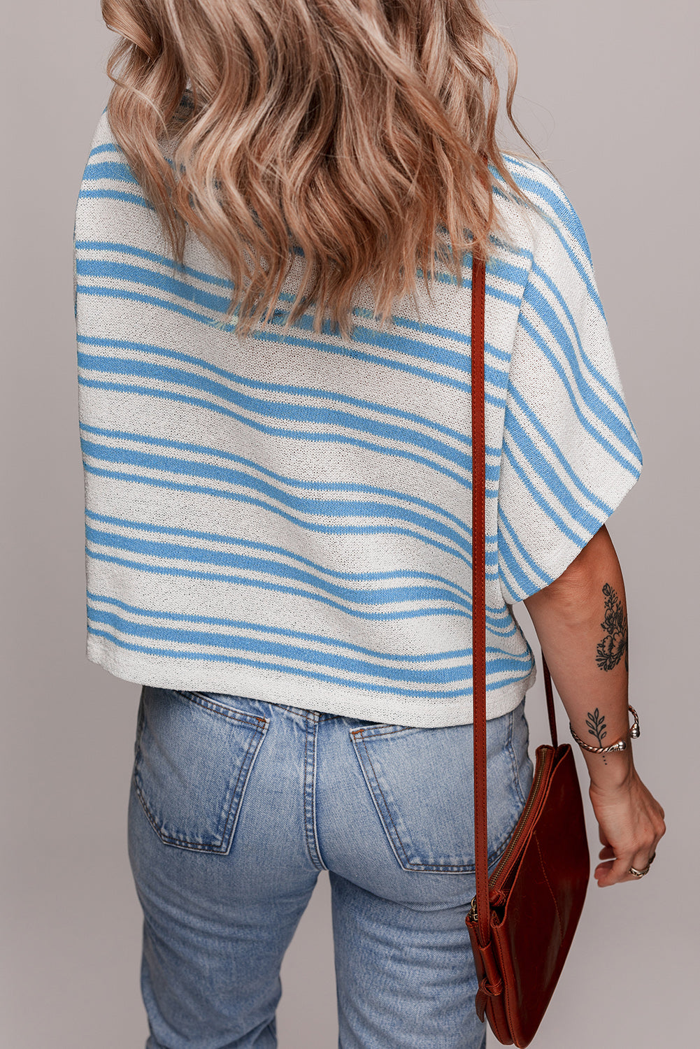 Boxy Fit Wide Sleeve Sweater T Shirt | Sky Blue Stripe