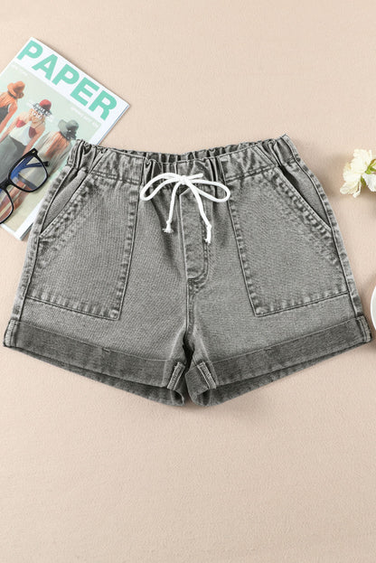 Pocketed Drawstring High Waist Denim Shorts | Gray