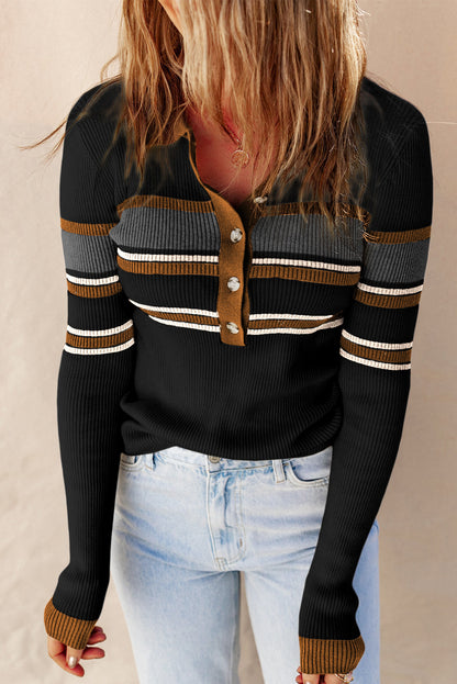 Black Rib Knitted Stripe Detail Henley Sweater