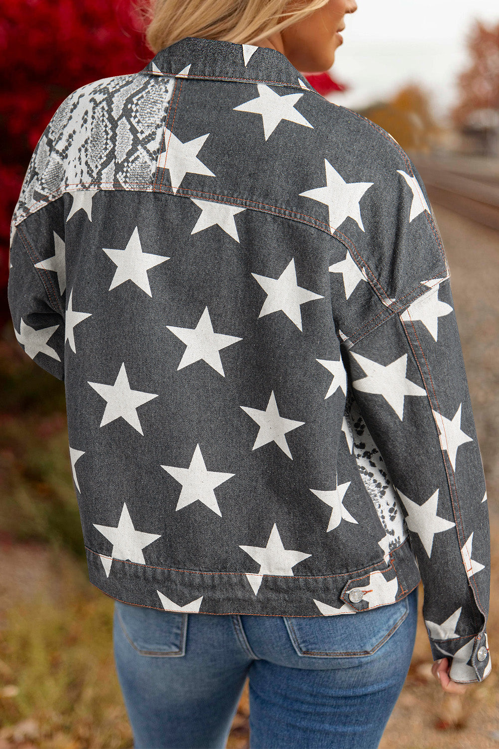 Star Snakeskin Printed Patchwork Denim Jacket | Black