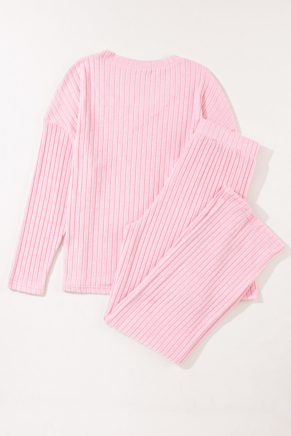 Ribbed Knit V Neck Slouchy Two-Piece Outfit | Light Pink