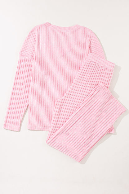 Ribbed Knit V Neck Slouchy Two-Piece Outfit | Light Pink