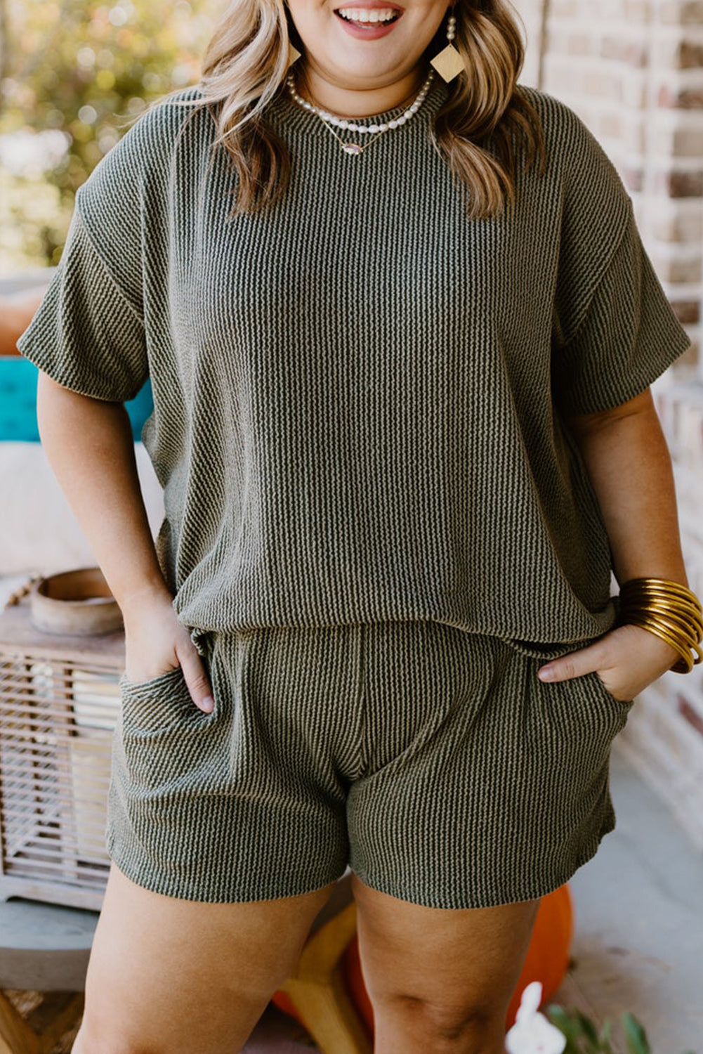 Plus Size Rib Knit Short Sleeve Top And Shorts Set | Moss Green