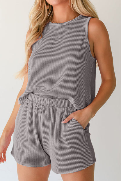 Corded Sleeveless Top And Pocketed Shorts Set | Medium Grey