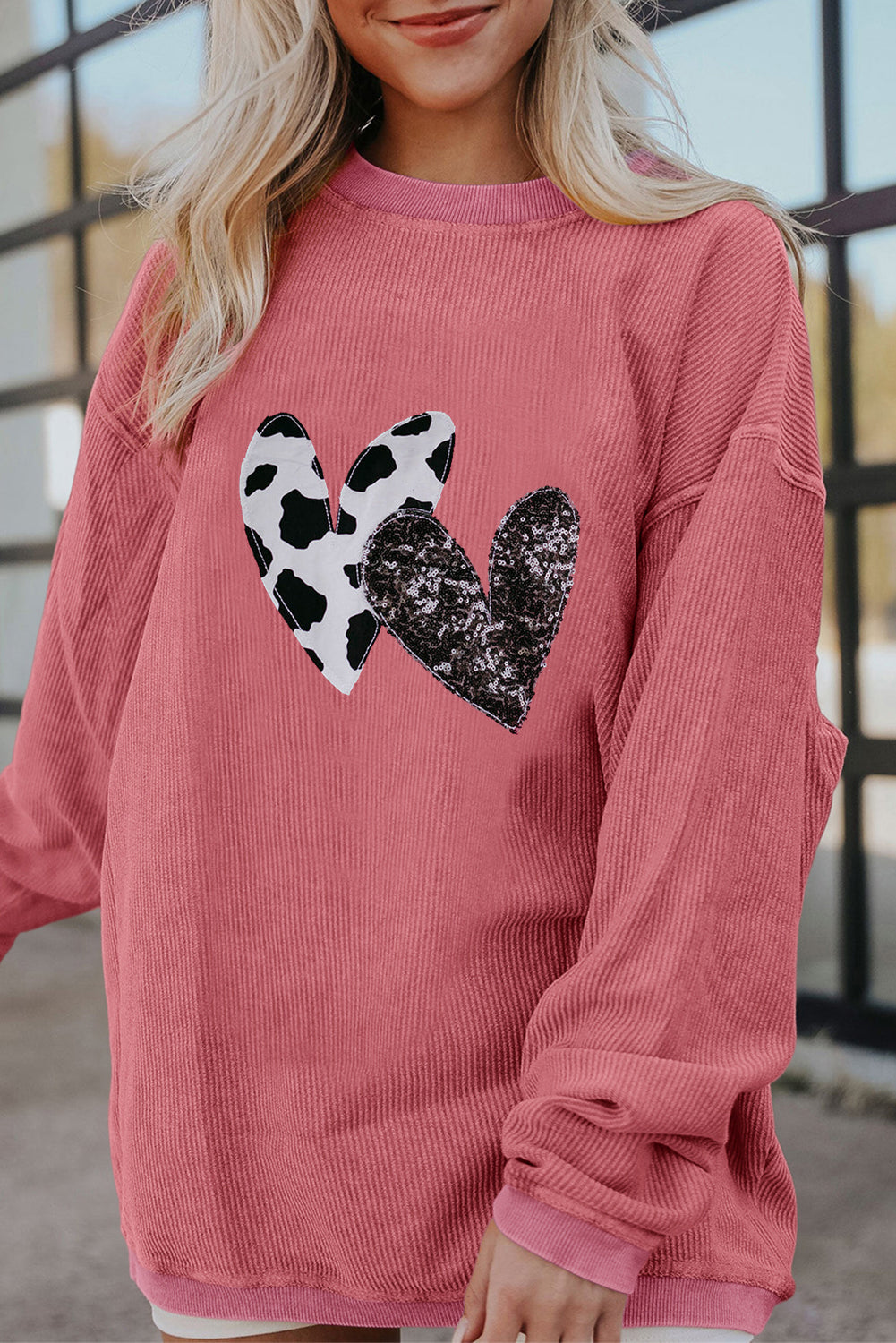 Leopard Sequin Heart Graphic Corded Sweatshirt | Strawberry Pink