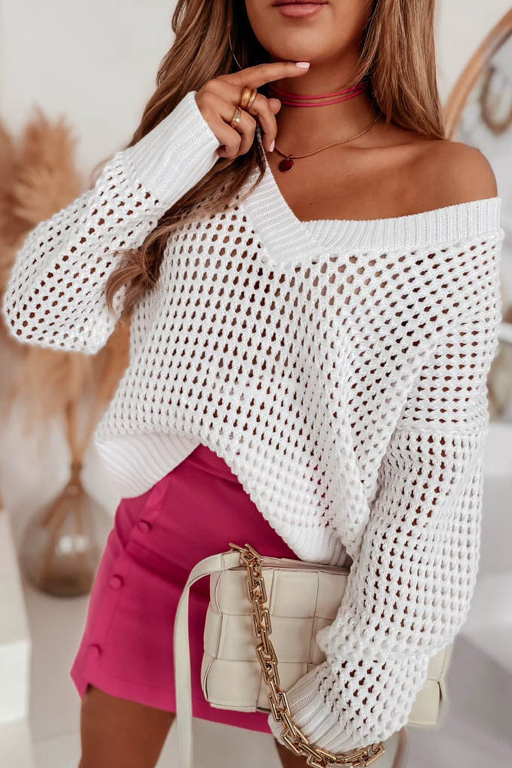 Hollow Out Knitted Loose Fit V Neck Sweater | White