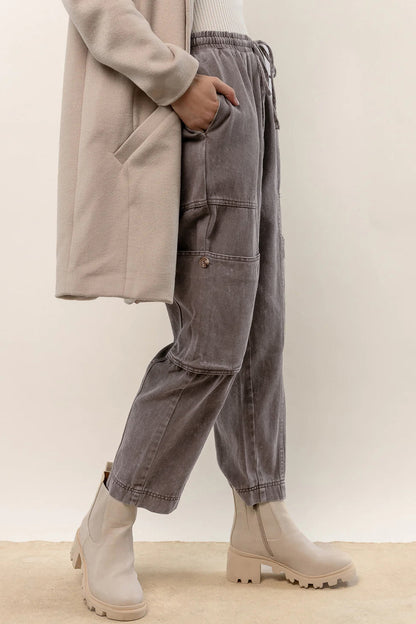 Acid Wash Multi Pocket Drawstring Waist Pants | Gray