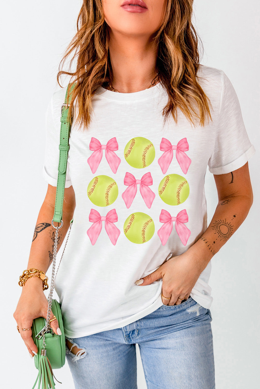 Bow Tie Baseball Print Round Neck Casual Tee | White